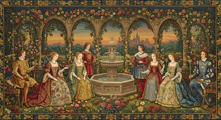 Vintage Tapestry Depicting Courtiers in a Rose Garden, Evoking a Sense of Renaissance Nobility and Romance