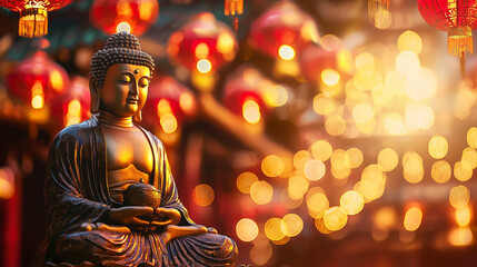 Vesak Or Lantern Festival Banner With Buddha Statue And Glowing Lights In Background Celebrating Inner Peace And Cultural Ceremony