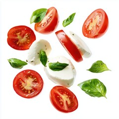 Naklejka premium Slices of mozzarella, tomatoes, and basil isolated on white background