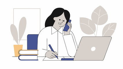 Woman Working From Home on Laptop and Phone