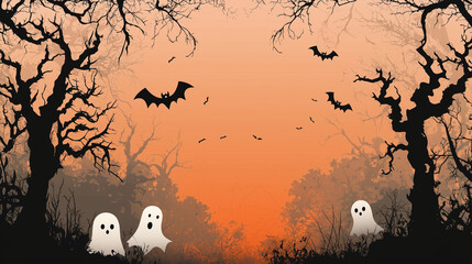Halloween Banner With Haunted Forest Bats And Ghosts On Orange Background Celebrating Spooky Holiday With Creepy Night Scene

