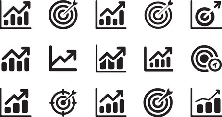 Set of Growth and Target Icons for Business and Success, A collection of black and white graphic icons depicting growth charts and target/bullseye imagery vector art on white © FS Creation