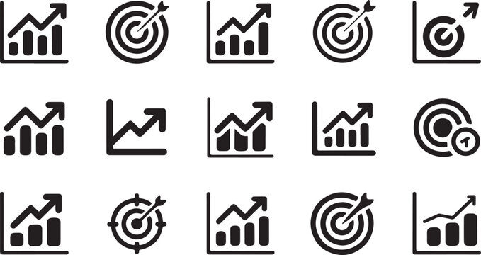 Set of Growth and Target Icons for Business and Success, A collection of black and white graphic icons depicting growth charts and target/bullseye imagery vector art on white