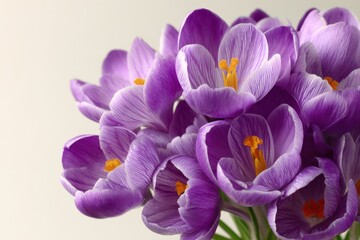 Violet crocus flower bouquet on vibrant background, spring blossoms highlighting intricate details for floral displays and seasonal decor ideas