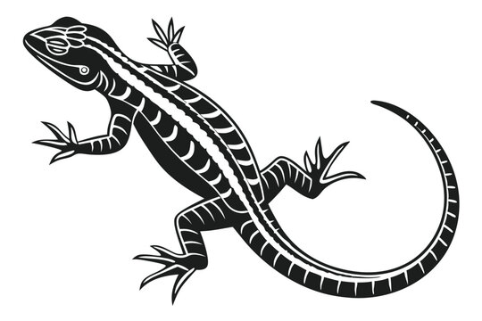 Detailed monochrome lizard with striped texture crawls, showcasing clawed feet and curled tail