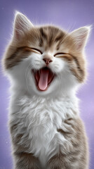 Kitten yawns joyfully, looking at camera with playful demeanor. Soft fur and cute features shine against vibrant purple backdrop. Concept of pet care, animal photography, feline happiness