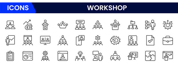 Creative vector web line icons depicting workshop tools, collaboration, skill-building, innovation, and hands-on learning for productive environments.