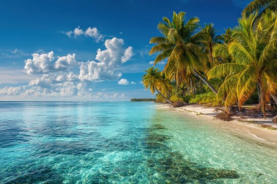 Beautiful tropical beach with swaying palms, bright blue skies, and inviting turquoise waves perfect for travel, relaxation, and paradise-inspired imagery