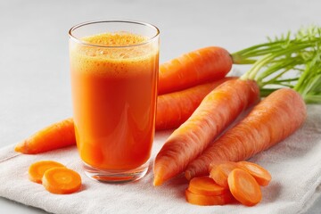 Refreshing carrot juice alongside vibrant whole and sliced carrots on a pristine surface for health enthusiasts and lifestyle content creators