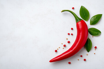Red chili pepper rests on a light textured surface surrounded by green leaves and various peppercorns. This vibrant arrangement highlights flavors and adds excitement to culinary settings