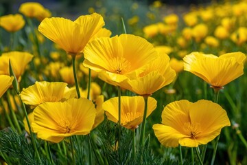 Vivid yellow poppies flourishing in a vibrant green field, showcasing nature's splendor, perfect for floral enthusiasts and garden lovers in search of striking imagery