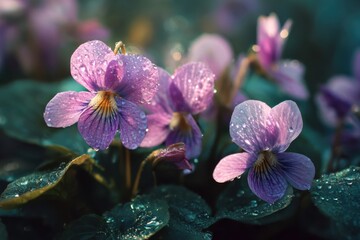 Violets embellished with radiant morning dew, showcasing tender blooms and vibrant greenery, illuminated by gentle natural light, ideal for flower aficionados and outdoor admirers