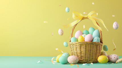 Vibrant Easter Basket Filled with Decorated Eggs Against a Sunny Yellow Backdrop, Celebratory Still Life