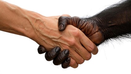 Obraz premium Human and chimpanzee hands shake, symbolizing a unique collaboration or partnership.