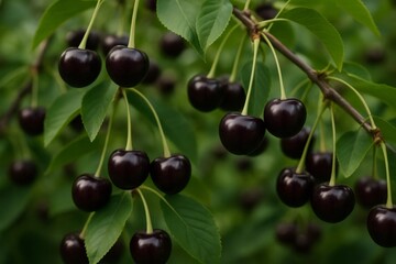 Black cherries clustered on branch, dark fruits gleaming amid lush green foliage, signaling peak ripeness for picking