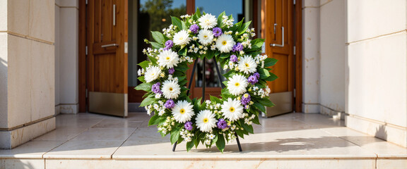 Elegant funeral wreath with white and purple flowers at church door, remembrance