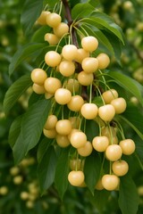 Cluster of ripening Rainier cherries hanging on a tree branch in a vibrant fruit orchard, poised for a sweet summer harvest