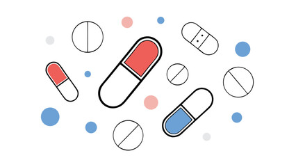 Colorful Pills and Tablets Scattered on White Background