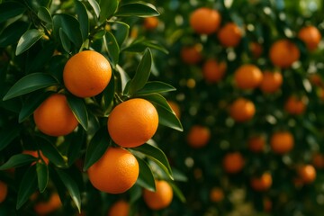 Ripe orange fruits clustering on tree branches, glowing under sunlight, revealing vivid colors during harvest season