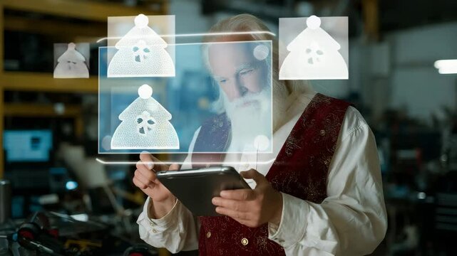 Santa Claus in his workshop using a digital tablet to create white icons in the shape of Christmas trees. Modern and high-tech look with an emphasis on the integration of technology into everyday life