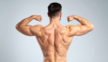 Back view of young man with muscular body posing. Strength and confidence. Light backdrop.