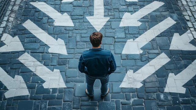 An individual stands at a crossroads on a street lined with arrows pointing in various directions while considering their next move