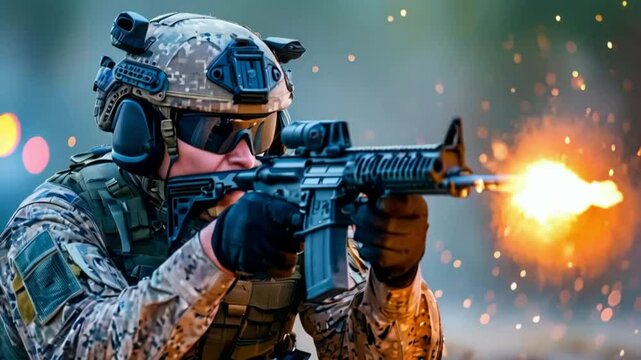 Special forces, soldier police, weapon working, an intense training session in a shooting range, a special forces police officer in full tactical gear, firing at targets, the concentration.