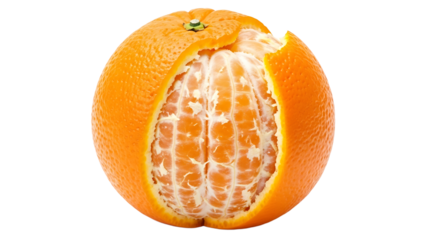 Orange fruit partly peeled showing segments on white