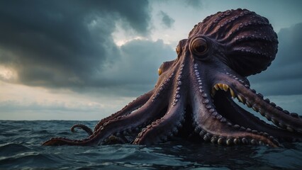 Gigantic Octopus Rising from the Ocean Depths with Tentacles Extended