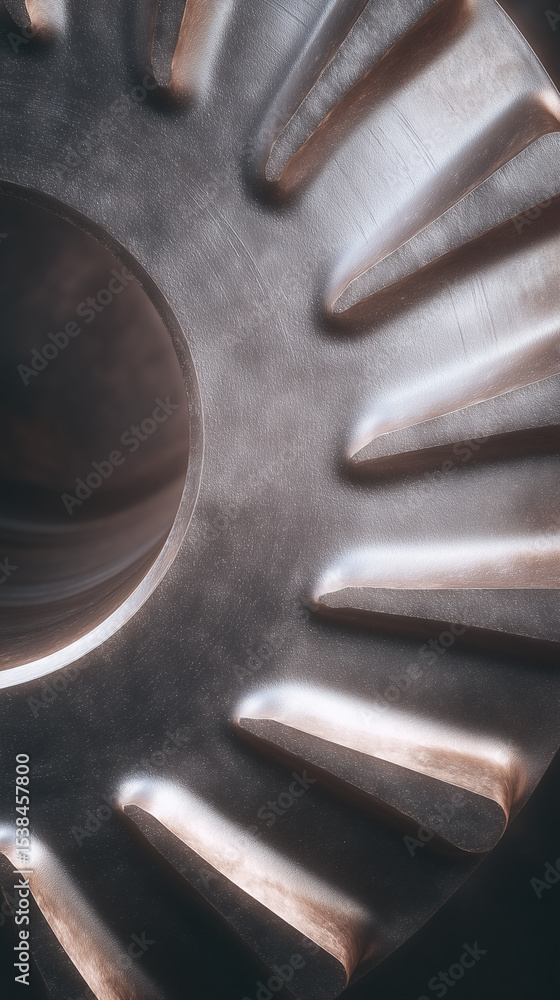 Poster metal gear part displayed with detailed texture and smooth surface reflecting light. setting emphasi