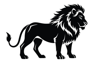 Regal black lion stands majestically, showcasing its powerful stance and intricate mane details