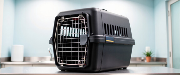 Black plastic cat carrier on vet clinic table, safe pet transport