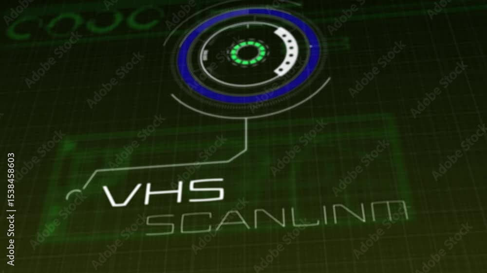 Poster appearing scanning hud with blue ring powering in grid interface, displaying vhs scanline label