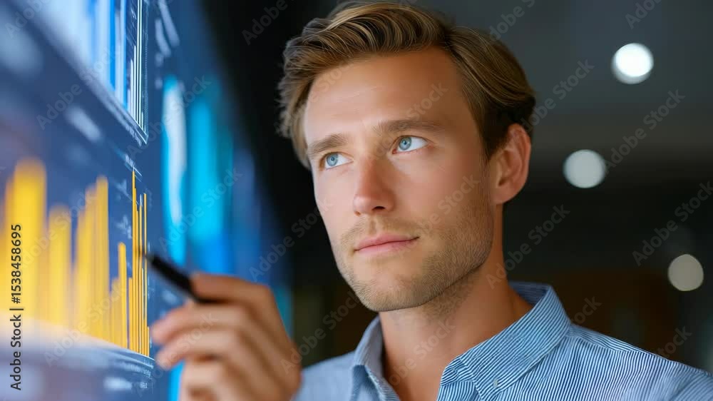 Poster young businessman analyzing data charts on large display screen in modern office environment