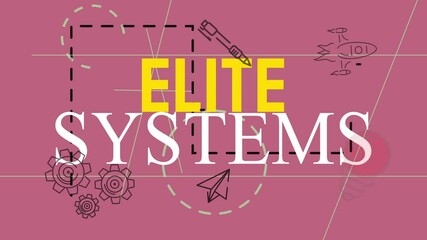Animating ELITE SYSTEMS logo on rose screen, with gear icons shifting and pencil drawing connectors
