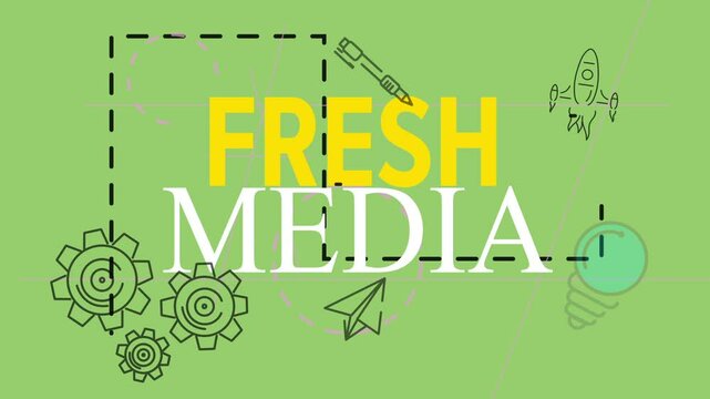 Animating FRESH MEDIA logo sliding on green canvas, paper airplane, pencil, rocket, lightbulb