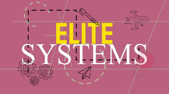 Animating ELITE SYSTEMS logo on rose screen, with gear icons shifting and pencil drawing connectors
