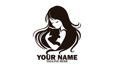 Illustration vector smiling woman hugging cat cute on white background and logo design