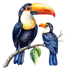 A Mother Toucan With Her Kid, watercolor illustration vector, isolated on a white background.