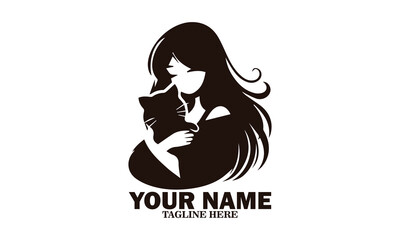 Illustration vector smiling woman hugging cat cute on white background and logo design