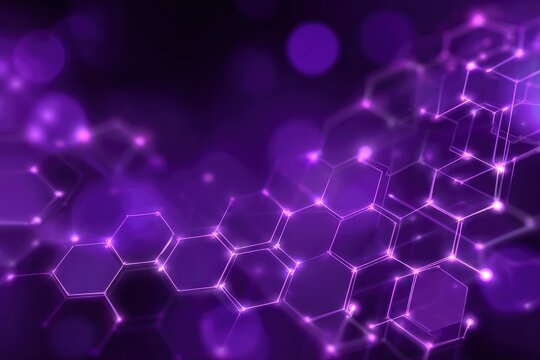 Hexagonal network illuminated purple with spherical bokeh points creates a digital abstract design