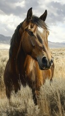 Obraz premium Majestic brown horse stands gracefully in a field of golden grass under a cloudy sky