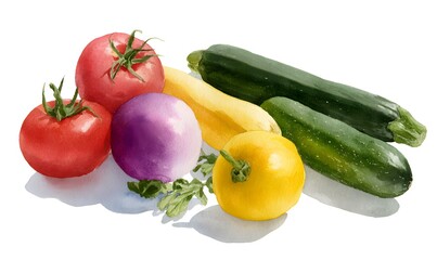 Bouquet of watercolor illustrations of tomatoes, cucumbers, zucchini, eggplants and yellow squash, on a white background,Generative AI