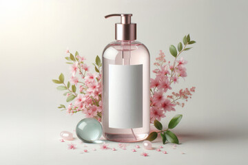 Elegant flat lay of transparent cosmetic bottle with floral elements, designed for skincare or shampoo product presentation.