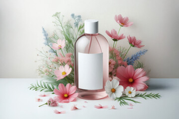 Transparent glass shampoo bottle with white label and pink flowers, flat lay on neutral pastel background, organic haircare mockup with copyspace for branding design or product packaging