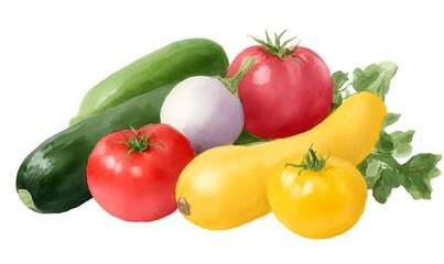 Bouquet of watercolor illustrations of tomatoes, cucumbers, zucchini, eggplants and yellow squash, on a white background,Generative AI