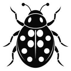 Monochrome ladybug displays symmetrical spots and segmented legs in simplified form