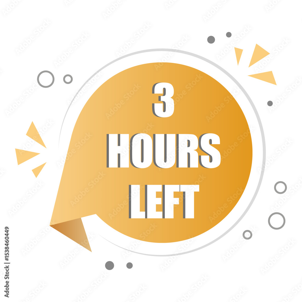 Poster yellow badge circle. three hours left. countdown number icon. vector urgency alert.