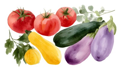 Bouquet of watercolor illustrations of tomatoes, cucumbers, zucchini, eggplants and yellow squash, on a white background,Generative AI