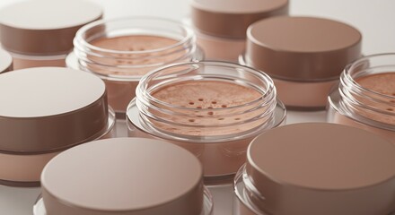 Close-up of translucent powder jars with clean, unbranded lids
